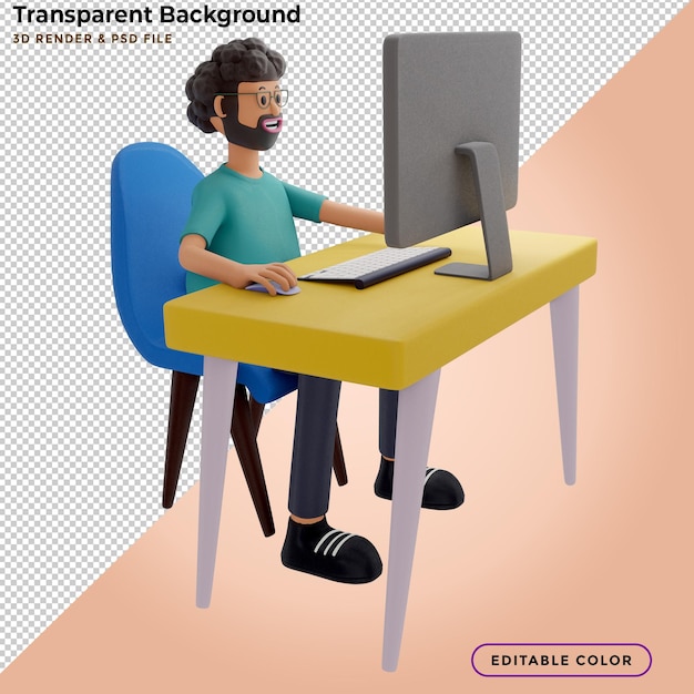 Cara barbudo sentado na frente do laptop, trabalho do homem no computador. freelancer, renderização 3d, ilustração 3d