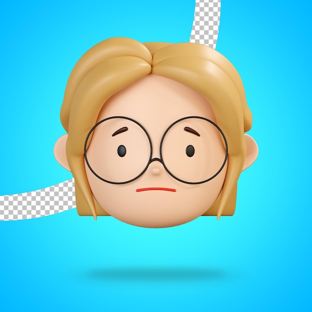 Cara ligeramente fruncida para emoji triste del personaje de niña con gafas render 3d