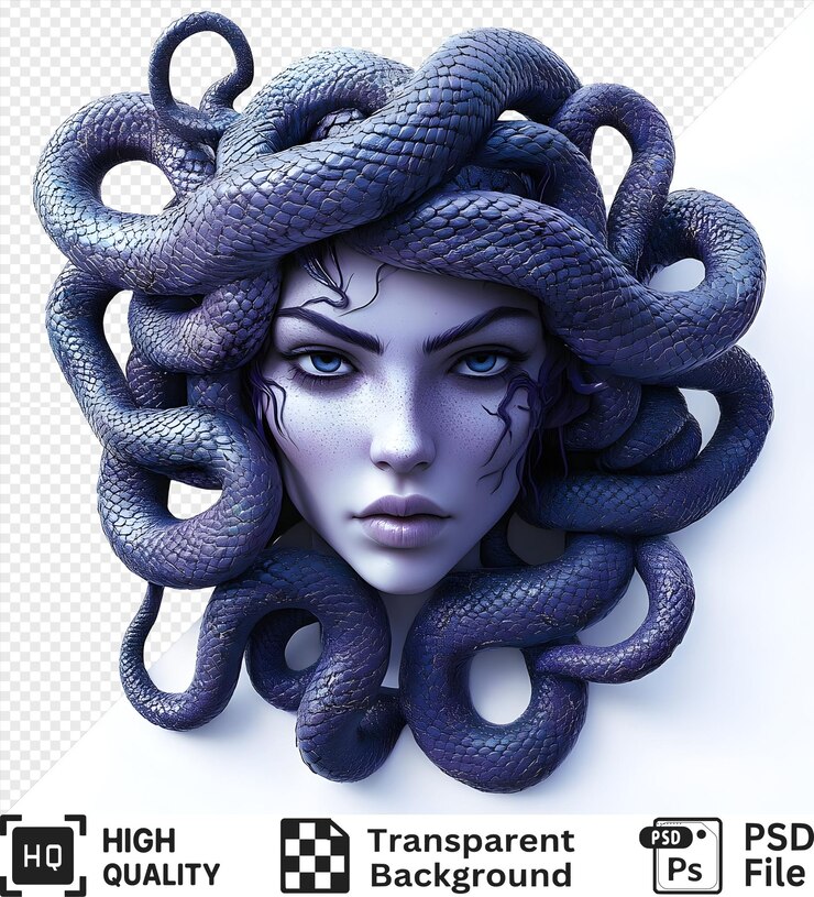 PSD cara de mujer con serpientes para el cabello en un esquema de colores monocromáticos aislados en un fondo transparente