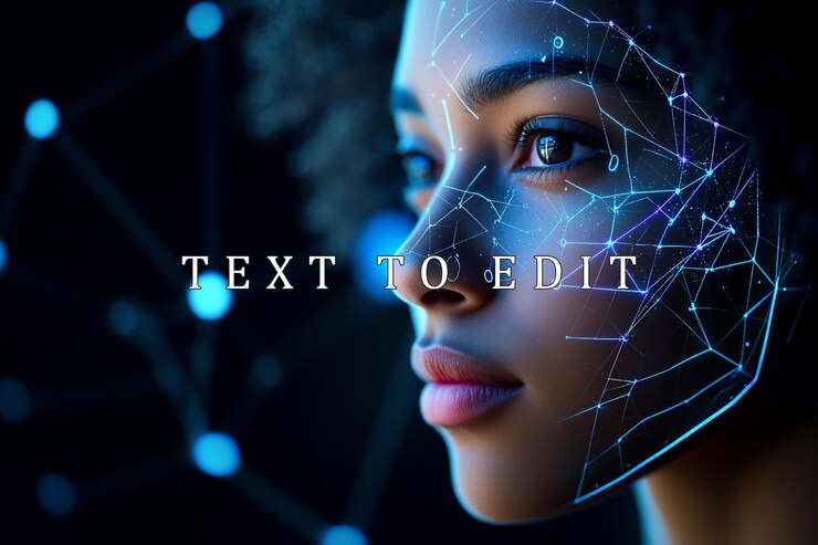 PSD cara de mujer con superposición de red digital futurista