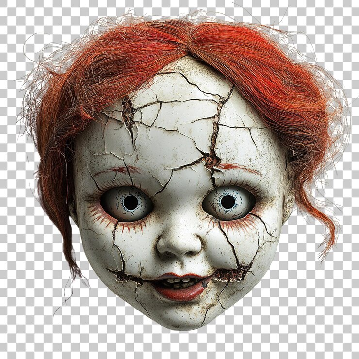 PSD cara de muñeca de porcelana agrietada con expresión inquietante y cabello rojo aislado