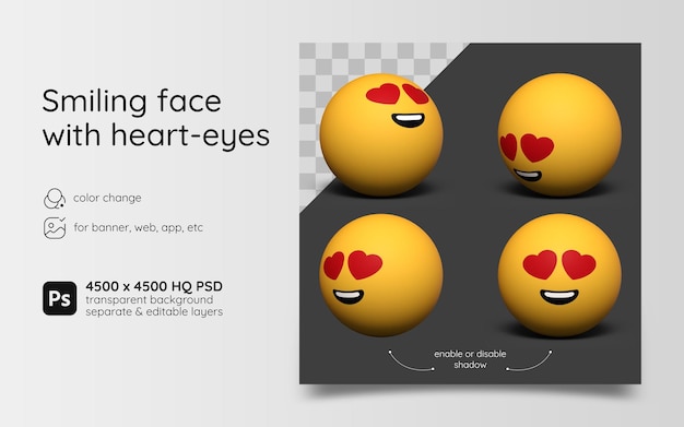 PSD cara sonriente con emoji de ojos de corazón en 3d mate e icono texturizado en fondo transparente