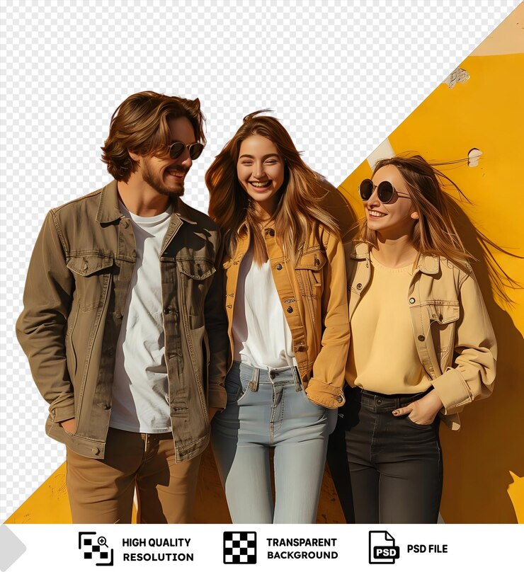 PSD cara transparente e duas meninas rindo caminhando pela rua na frente de uma parede amarela com o homem vestindo uma jaqueta marrom camisa branca e óculos de sol pretos e as meninas vestindo jeans azuis e png psd