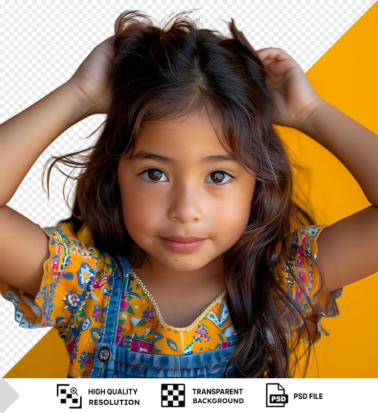 PSD cara única de chica hispana ajustando el cabello mirando a la cámara posando para la cámara png