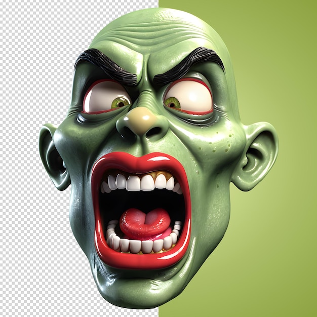 PSD caracter 3d cara de zombi aterrador estilo de renderización 3d en fondo transparente