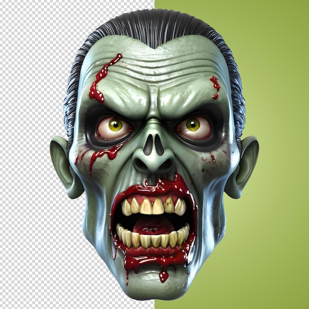 PSD caracter 3d caracter zombie assustador cara 3d estilo de renderização em fundo transparente