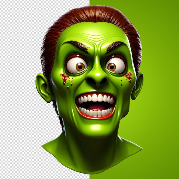 PSD caracter 3d caracter zombie assustador cara 3d estilo de renderização em fundo transparente