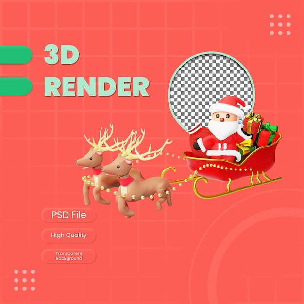 PSD carácter 3d carruaje de santa con mucha ilustración de caja de regalo