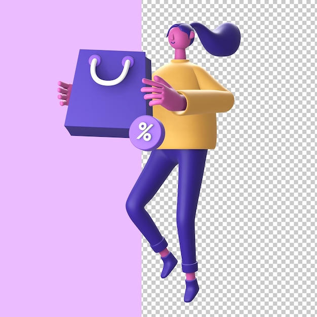 PSD carácter 3d con descuento promocional de bolsa de compras para aplicaciones móviles web ui ux redes sociales