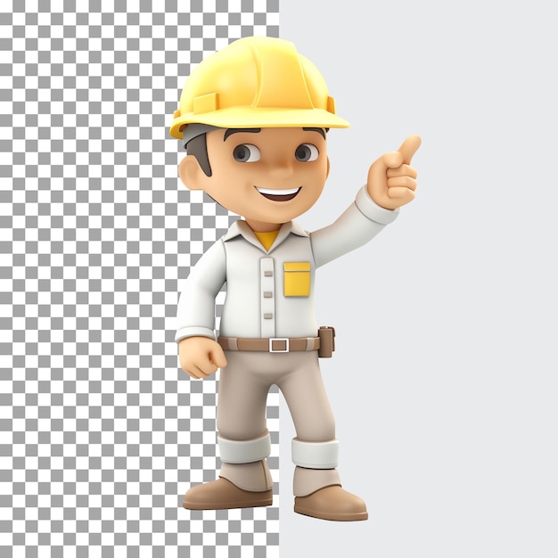 PSD caracter 3d trabalhador da construção masculino em uniforme e capacete amarelo