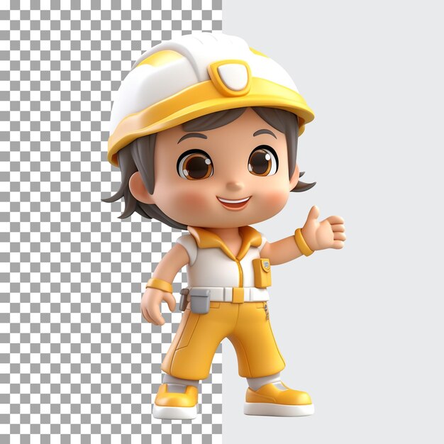 PSD caracter 3d trabalhadora da construção feminina em uniforme e capacete amarelo