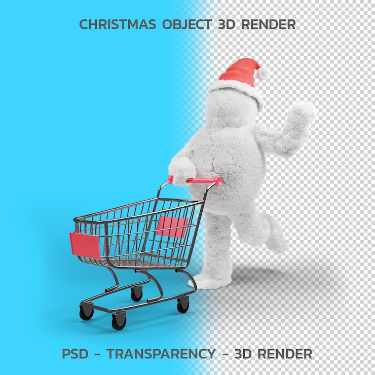 PSD carácter de cabello y carrito de compras., objeto de navidad 3d render