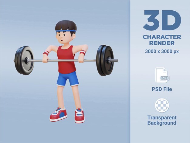 Carácter de deportista 3D que fortalece los músculos del hombro con entrenamiento de fila vertical