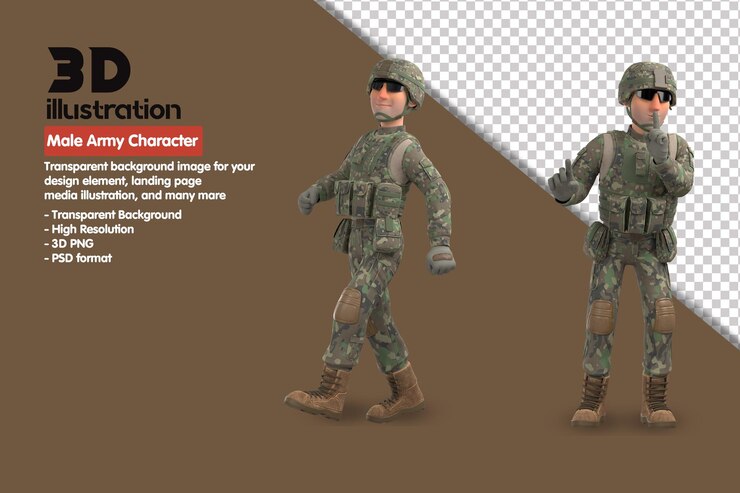 PSD carácter del ejército masculino 3d carácter de renderizado 3d. representación 3d psd