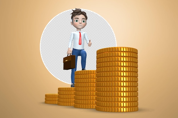 Carácter Empresario Indicando Éxito Exitoso Subir un montón de monedas Representación 3D