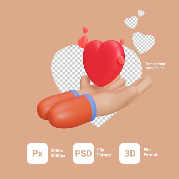 PSD carácter de icono de amor de mano de renderizado 3d con fondo transparente