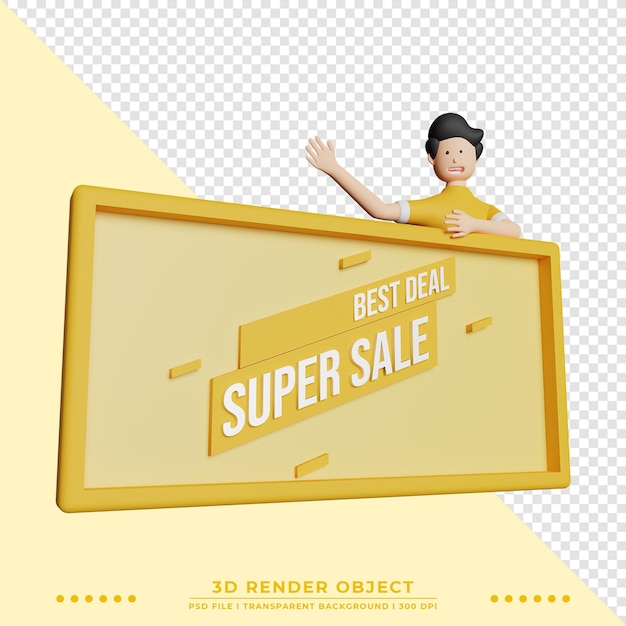 Carácter lindo de la ilustración 3d con la bandera de la promoción de ventas. banner de promoción.