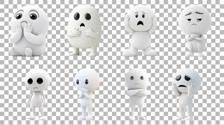 Caractère blanc présentant une expression triste sur un fond transparent pour transmettre des émotions, du contenu lié à l'humeur ou des thèmes de sympathie