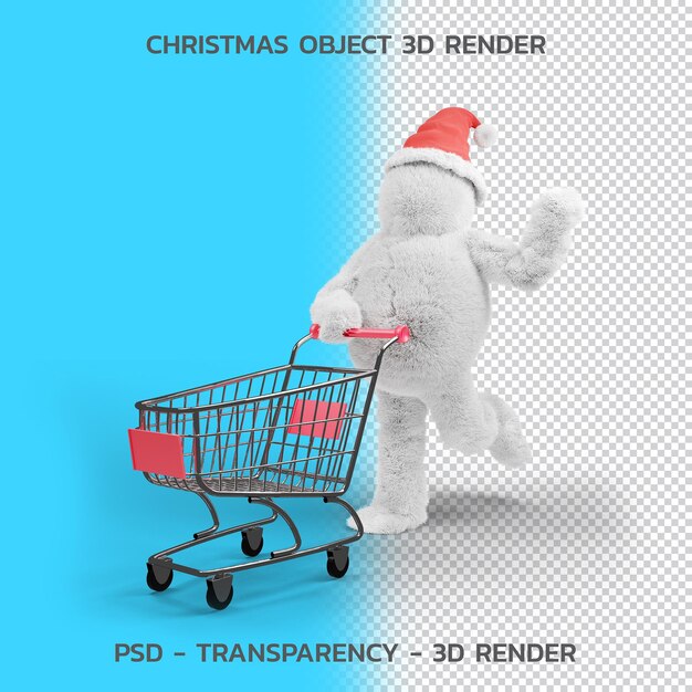 Caractère de cheveux et panier d'achat., rendu 3d de l'objet de Noël