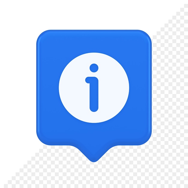 Caractère d'information du bouton d'information FAQ question réponse aide support application web 3d icône de bulle de dialogue réaliste