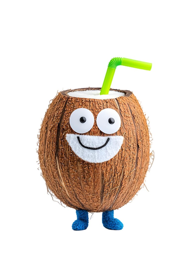 PSD caractère de noix de coco créatif avec une paille et un visage souriant isolé sur fond blanc idéal pour t