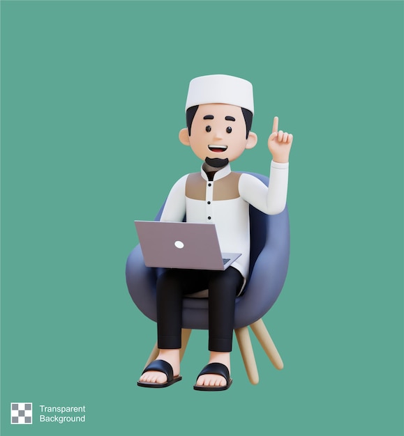 Caracteres 3D de homem muçulmano trabalhando em um laptop e apontando para cima
