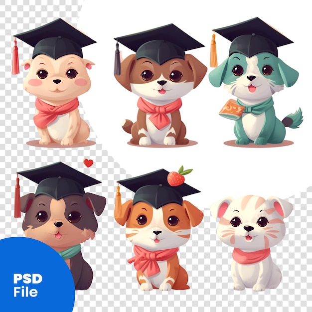 Caracteres de dibujos animados de perros lindos en gorra y vestido de graduación plantilla de psd de ilustración vectorial