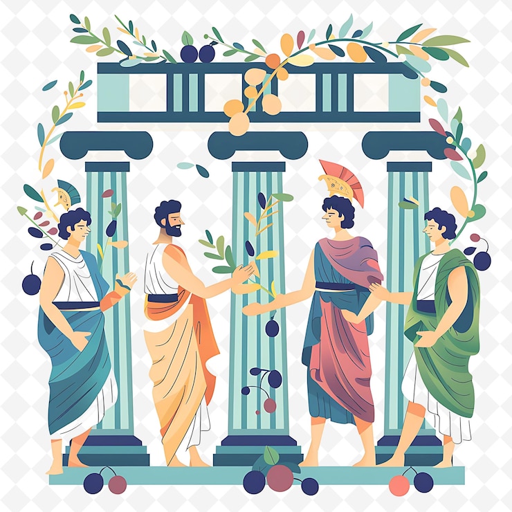 PSD caracteres gregos participando de uma festa de toga design is pla ilustração vista de paisagem cultural