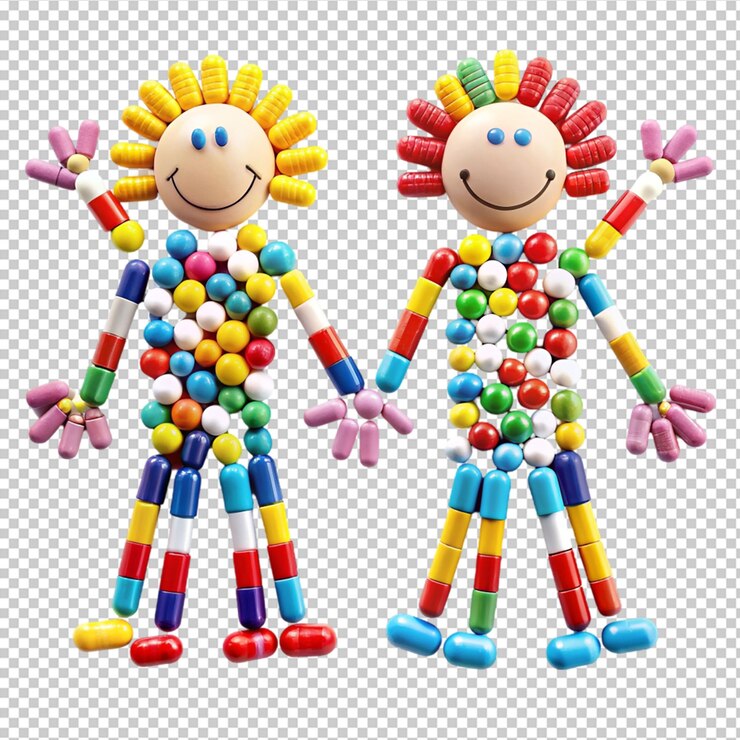 PSD caracteres hechos de pastillas de colores en un fondo transparente