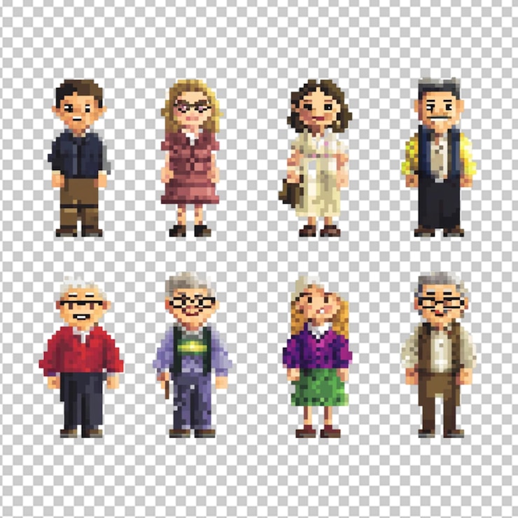 PSD caracteres pixelados de personas mayores y niños en un fondo transparente