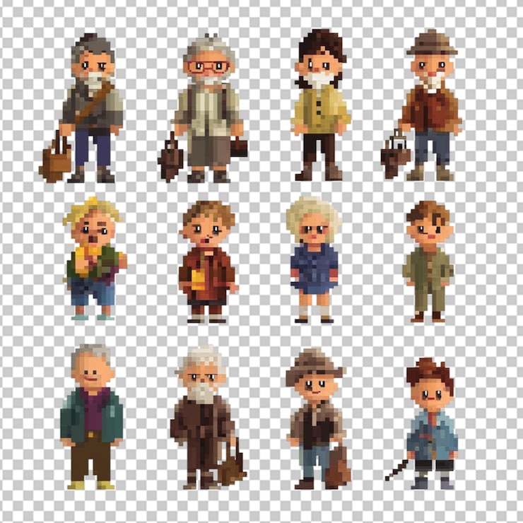 PSD caracteres pixelados de personas mayores y niños en un fondo transparente
