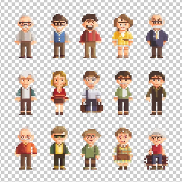 PSD caracteres pixelados de personas mayores y niños en un fondo transparente