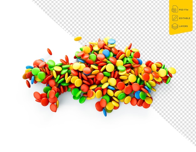 Caramelle dolci multicolori Dragees in forma di Kazakistan Mappa su sfondo bianco Illustrazione 3d