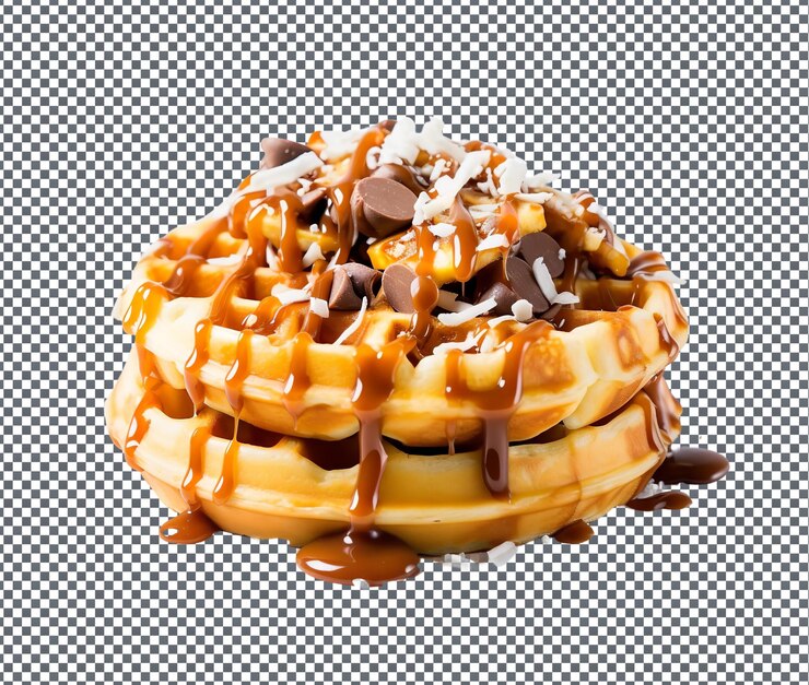 PSD caramello appetitoso, banane, cioccolato, cipolle di cocco, waffle isolate su uno sfondo trasparente