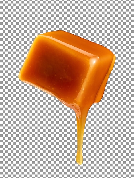 Caramelo de caramelo con salsa de caramelo goteando aislado sobre fondo transparente