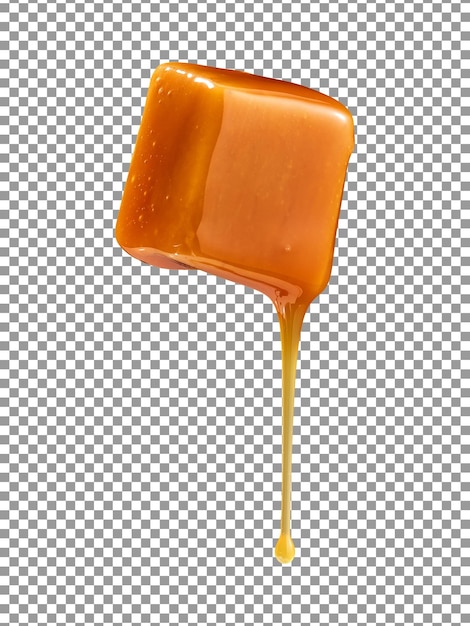 PSD caramelo de caramelo con salsa de caramelo que fluye hacia abajo sobre fondo transparente