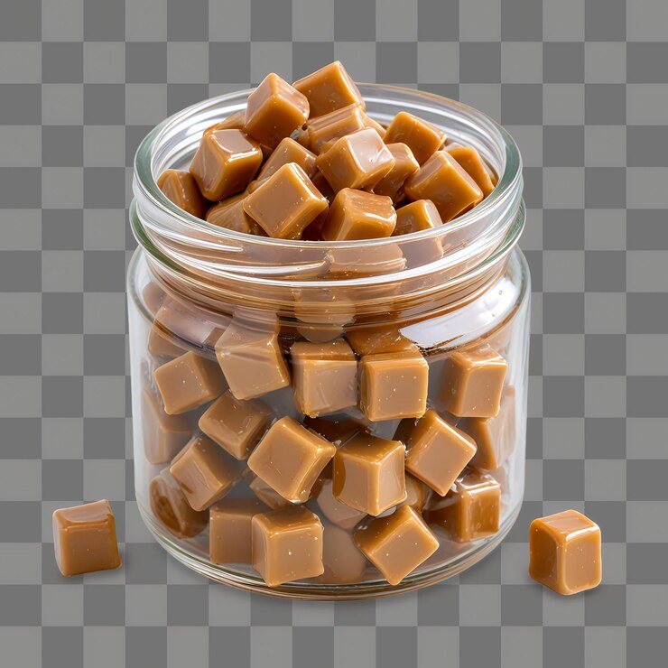 PSD caramelo masticado en un frasco aislado sobre un fondo transparente