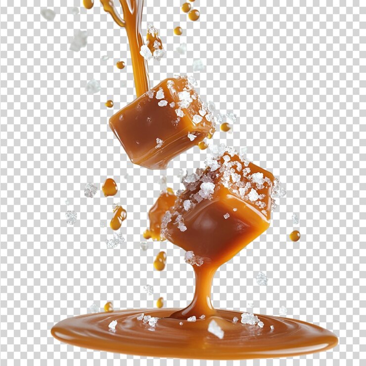 PSD caramelo salado volador cubierto de cristales de sal y salsa de caramelo aislada sobre un fondo transparente