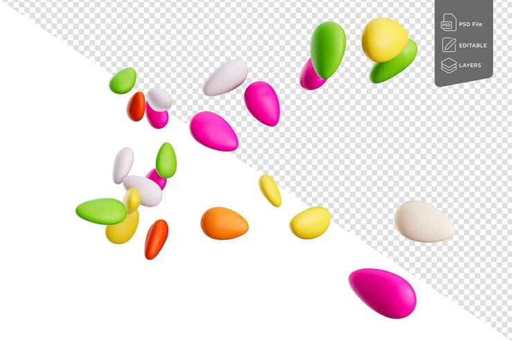 PSD caramelos de almendras coloridos, caramelos de almendras recubiertos de azúcar esparcidos sobre un fondo blanco ilustración 3d