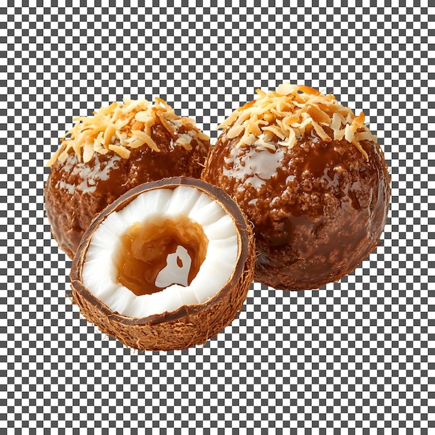 Caramelos de coco cubiertos de chocolate aislados sobre un fondo transparente