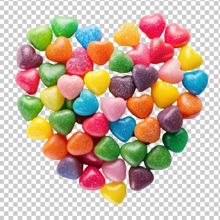 PSD caramelos coloridos en forma de corazón aislados en un fondo transparente
