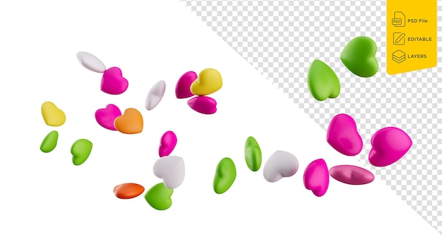 Caramelos de corazones multicolores o dulces deliciosos aislados sobre un fondo blanco Ilustración 3d