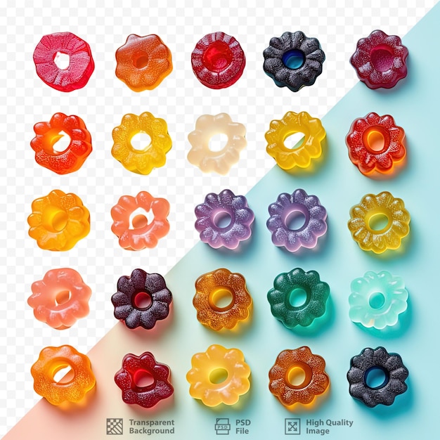 PSD caramelos de goma coloridos dispuestos sobre un fondo transparente con rosquillas de jalea y osos