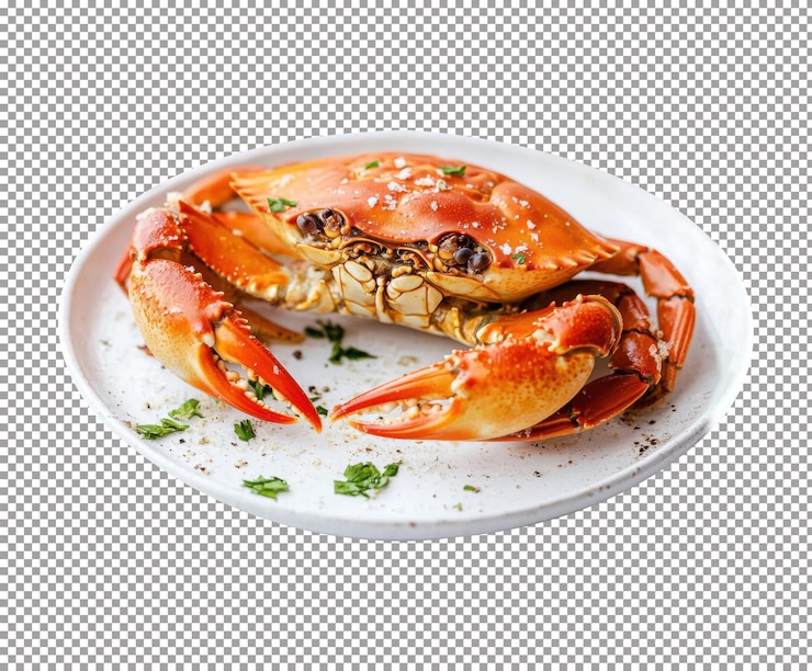 PSD caranguejos deliciosamente preparados servidos em um prato branco com limão e ervas em um ambiente de cozinha brilhante
