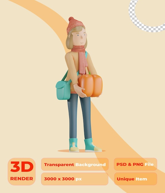 carattere autunnale 3d che tiene la zucca 3d render