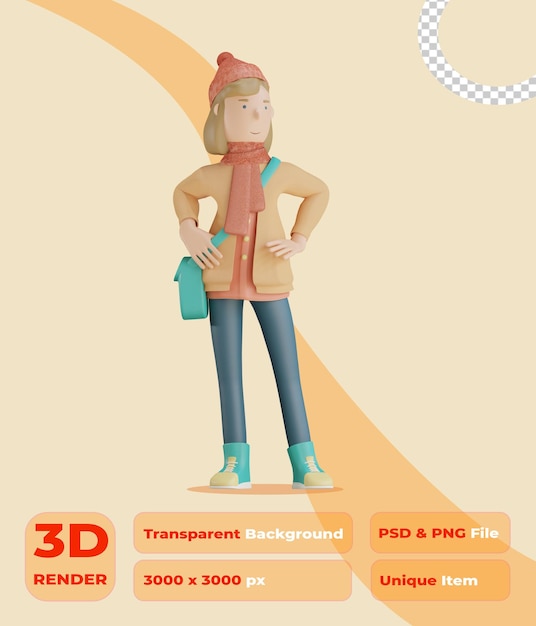 carattere autunnale 3d con borsa a tracolla rendering 3d