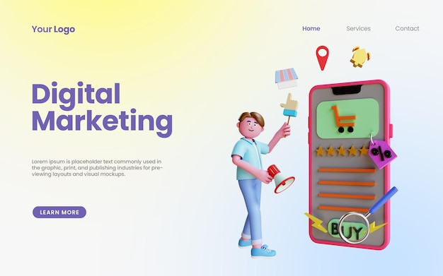 carattere di rendering 3d che fa marketing digitale del negozio online