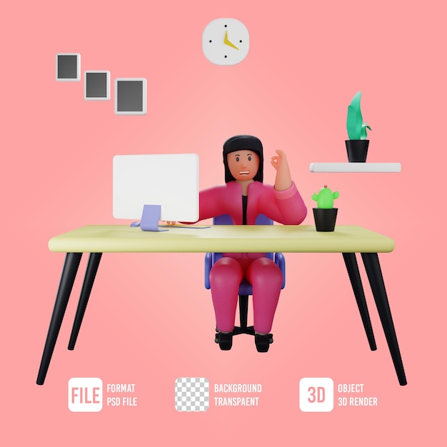Carattere femminile di affari 3d che lavora al computer desktop allo scrittorio nello spazio dell'ufficio che posa bene