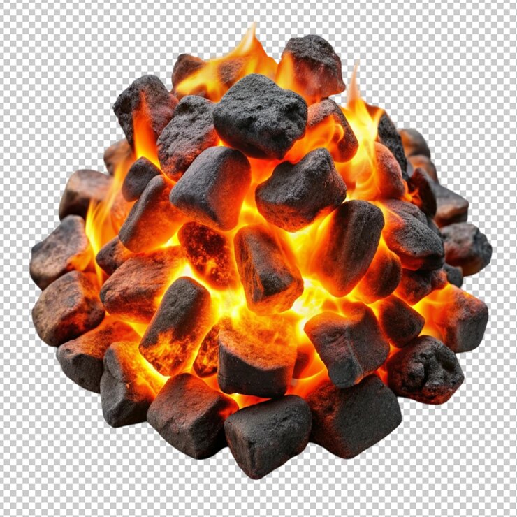 PSD carbón encendido para barbacoa sobre un fondo transparente