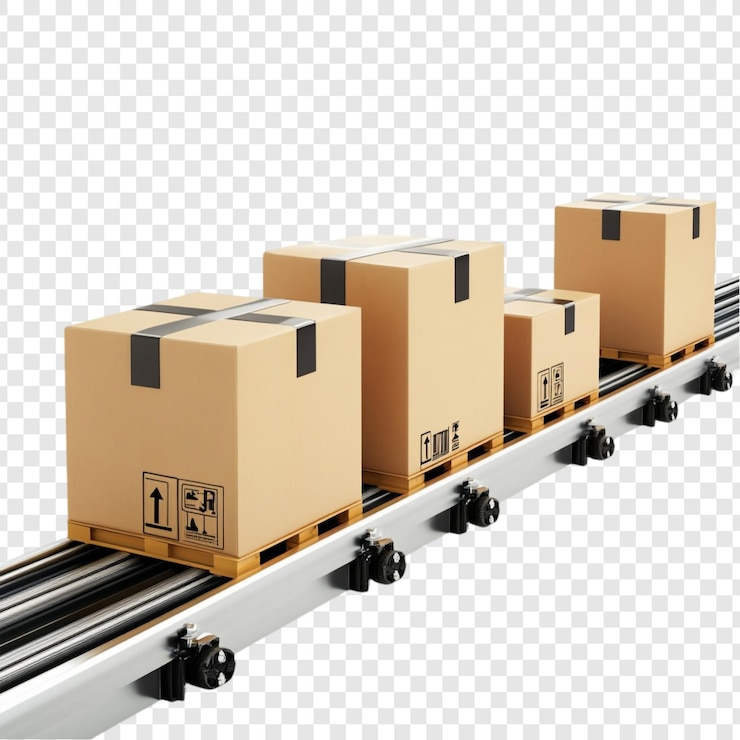 PSD cardboard boxes moving smoothly on a conveyor belt efficient logistics and supply chain process
